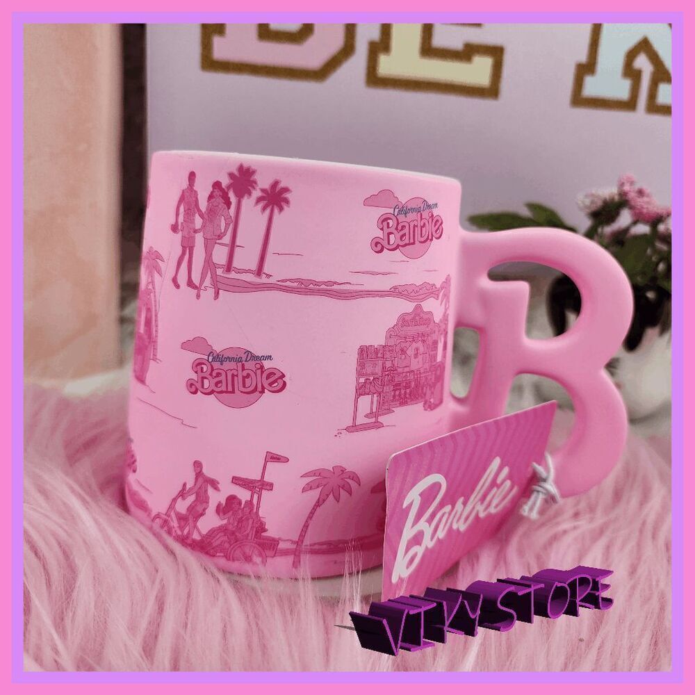 NWT 💖 Barbie Palms Pink 21 oz. Coffee Mug Tropical Design #7122 ☕